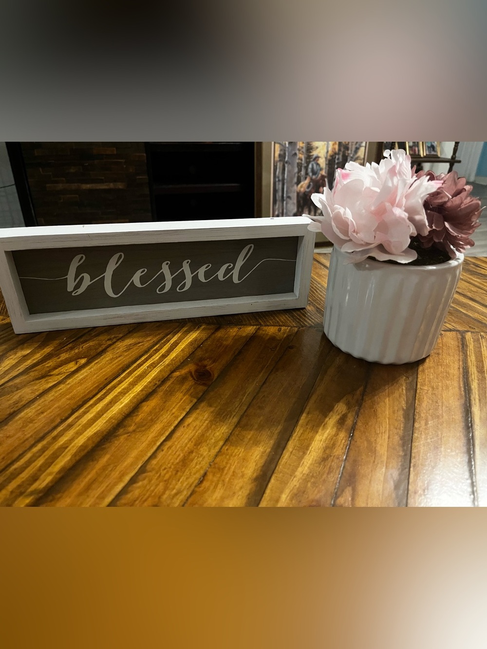Rustic 'Blessed' Framed Wooden Sign and decorative flower